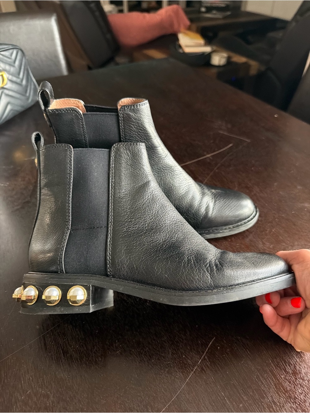 Louise et Cie Black Leather Chelsea Boots with Gold Stud Heel Detail